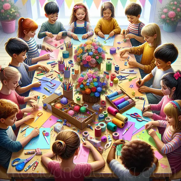 Niños creando manualidades coloridas como regalos.