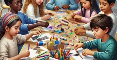 Niños haciendo manualidades como regalos en una mesa con materiales coloridos.