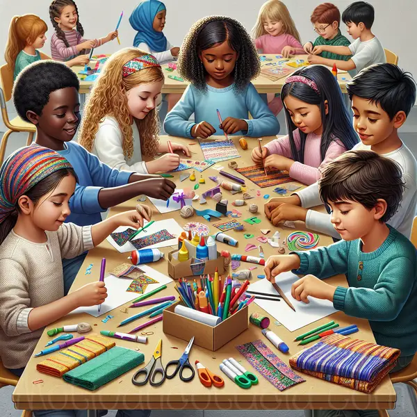 Niños haciendo manualidades como regalos en una mesa con materiales coloridos.