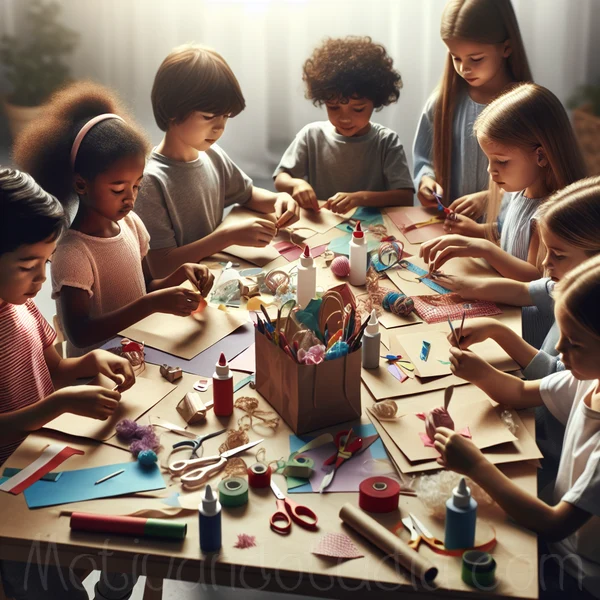 Niños creando manualidades de regalo con materiales diversos.