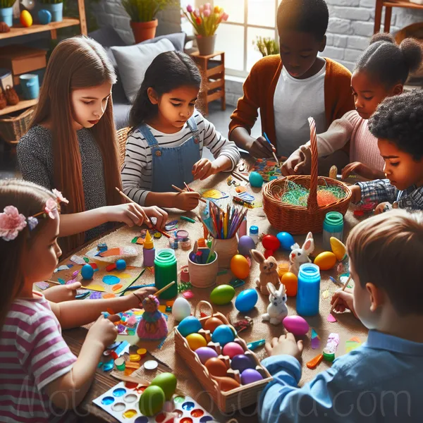 Niños haciendo coloridas manualidades de Pascua.