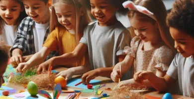 Niños haciendo manualidades de Pascua coloridas y creativas.