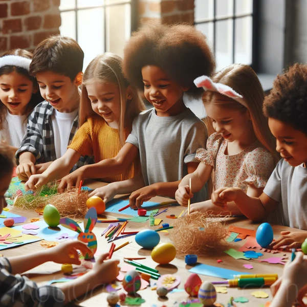 Niños haciendo manualidades de Pascua coloridas y creativas.