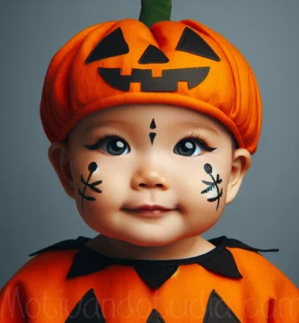 Bebé disfrazado de calabaza con maquillaje de Halloween.