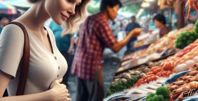 Mujer embarazada eligiendo mariscos frescos en el mercado.