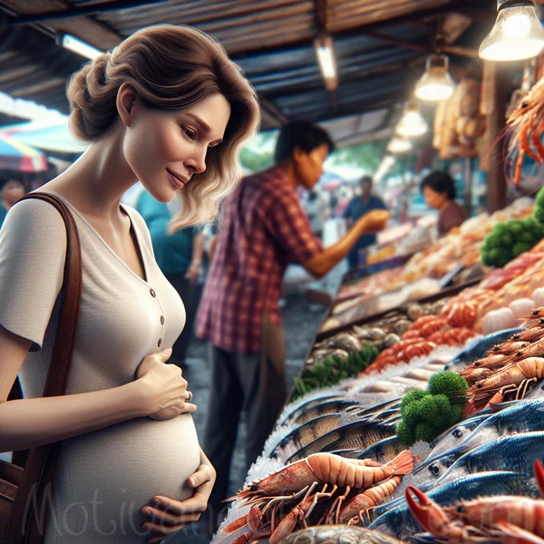 Mujer embarazada eligiendo mariscos frescos en el mercado.