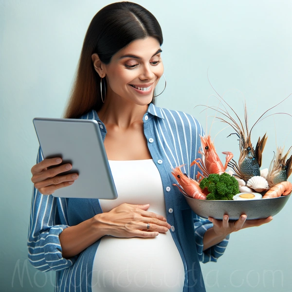 Texto alternativo: Mujer embarazada sosteniendo un plato de mariscos mientras lee un artículo sobre los riesgos y precauciones esenciales para el consumo de mariscos durante el embarazo.