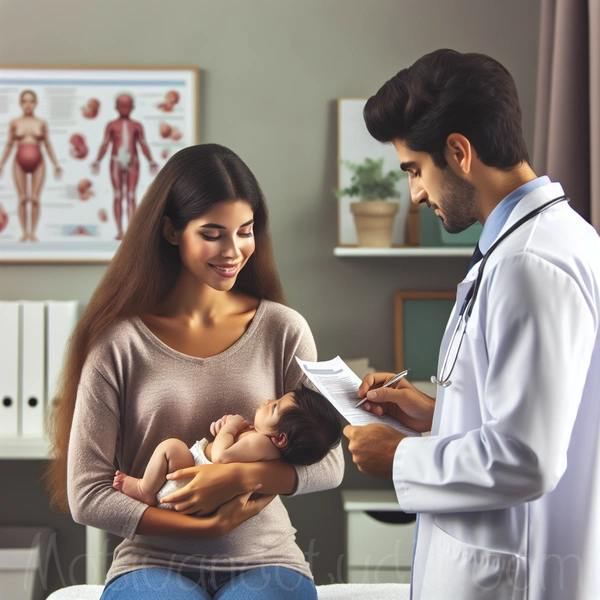 Una madre sosteniendo a su recién nacida mientras consulta con un pediatra sobre la menarquia neonatal.