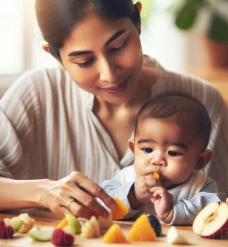 Una mamá ayuda a su bebé a comer trozos de fruta