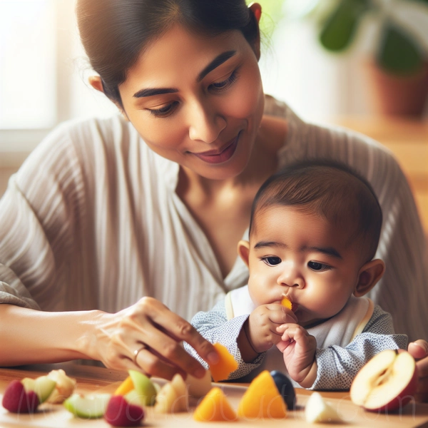 Una mamá ayuda a su bebé a comer trozos de fruta