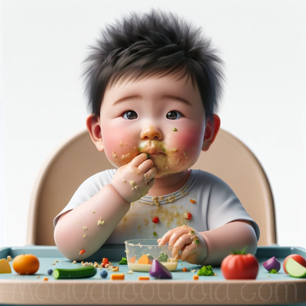 Foto de un bebé comiendo de forma autónoma con sus manos, representando el método de alimentación BLW (Baby Led Weaning).