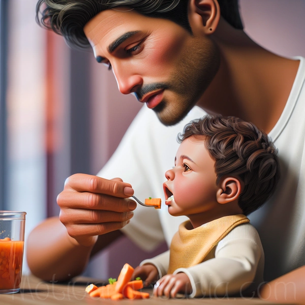 Padre alimentando a su bebé con alimentos sólidos como parte del método BLW (Baby-Led Weaning).