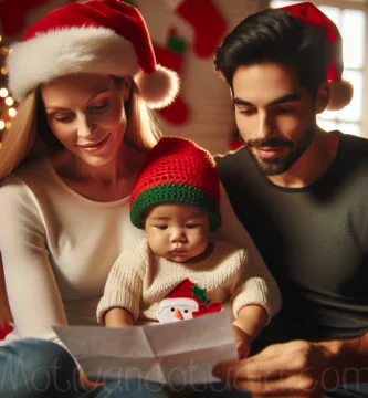 Bebé con gorro navideño mientras sus padres le leen una carta.