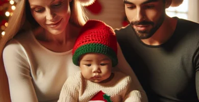 Bebé con gorro navideño mientras sus padres le leen una carta.