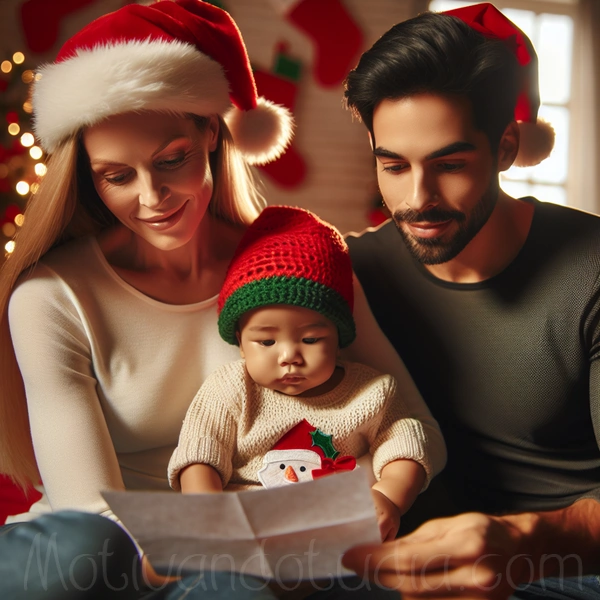 Bebé con gorro navideño mientras sus padres le leen una carta.