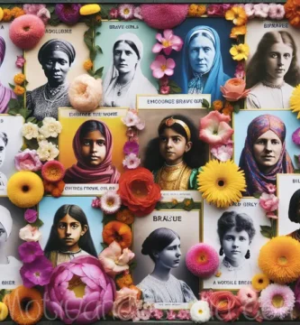 Collage de nombres de mujeres poderosas rodeados de flores y colores vibrantes