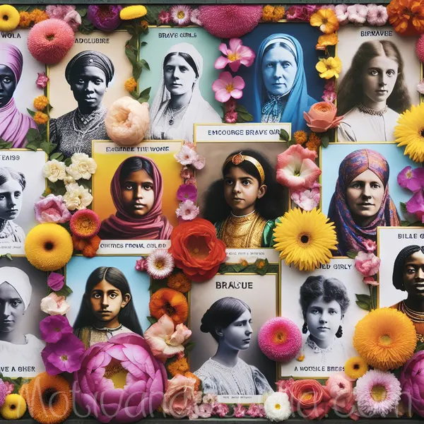 Collage de nombres de mujeres poderosas rodeados de flores y colores vibrantes