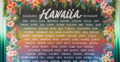 Imagen de fondo con nombres hawaianos escritos en colores vibrantes y florales