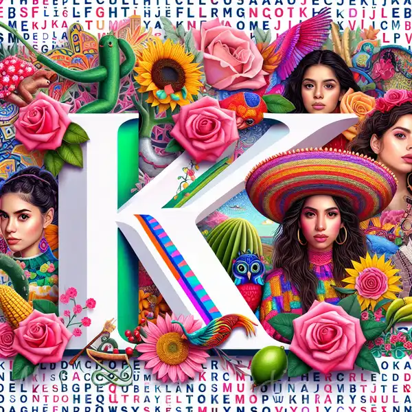 Collage con nombres de niña mexicanos que inician con la letra K en una presentación creativa y colorida.