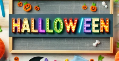 Imagen con letras destacadas y colores llamativos que ilustra la creatividad y diversión de elegir un nombre de Halloween para tu bebé.