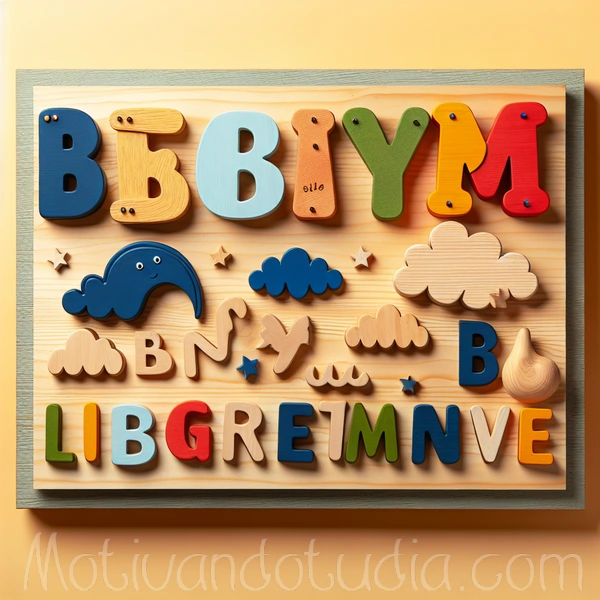 Imagen de un tablón con letras de madera de colores formando nombres creativos para bebés varones.