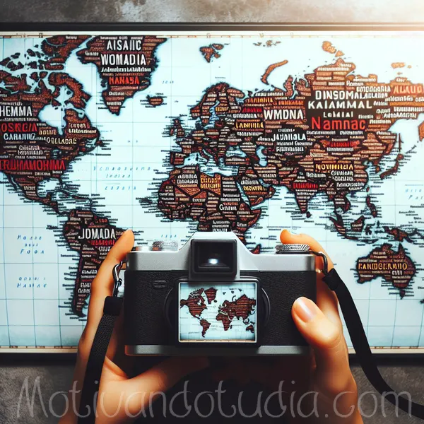 Fotografía de un mapa mundial con nombres de ciudades y países destacados