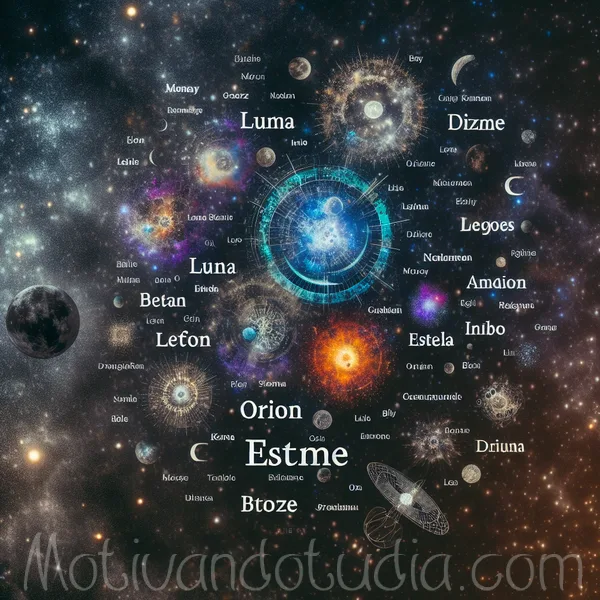 Collage de nombres cósmicos y originales para bebés, como Luna, Orion y Estela, sobre fondo estrellado.