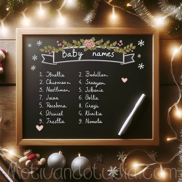 Imagen de una lista de nombres navideños para bebés escrita en una pizarra con decoración festiva.