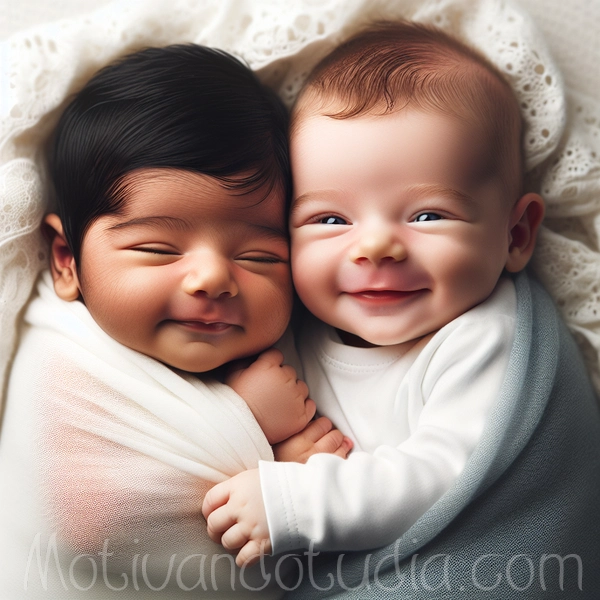 Imagen de dos bebés recién nacidos sonriendo y acurrucados juntos