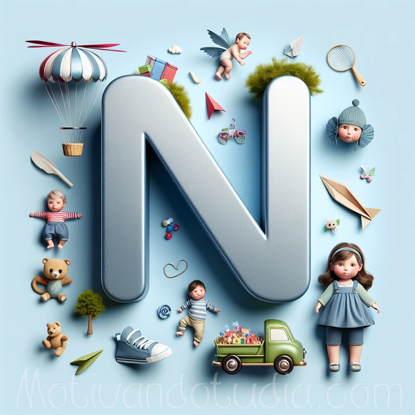 Imagen con una composición visual de letras N y elementos infantiles, representando la temática de nombres de niña que inician con la letra N.