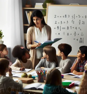 Una profesora de primaria enseña operaciones matemáticas concretas a un grupo de niños en un aula.