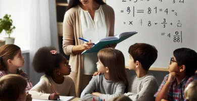 Una profesora de primaria enseña operaciones matemáticas concretas a un grupo de niños en un aula.