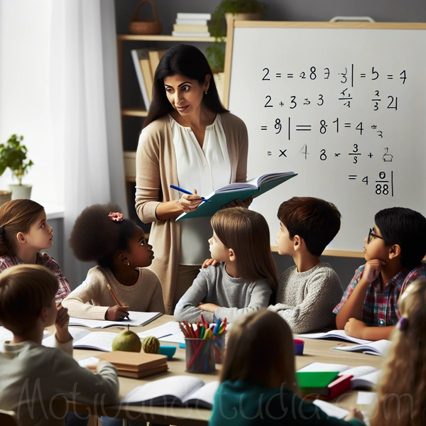 Una profesora de primaria enseña operaciones matemáticas concretas a un grupo de niños en un aula.