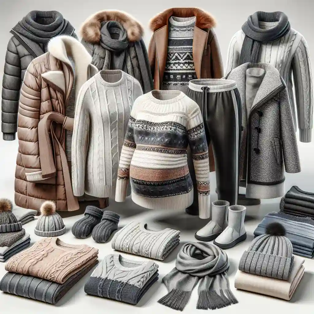 Conjunto de prendas imprescindibles para embarazadas en invierno, incluyendo abrigos, suéteres y bufandas.