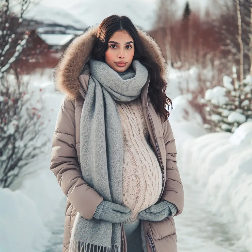 Mujer embarazada vistiendo prendas de invierno esenciales, como abrigo, bufanda y botas, en un entorno invernal.