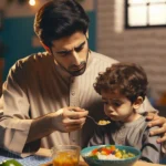 Padre tratando de alimentar a hijo quisquilloso con la comida.