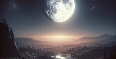 Imagen de la luna llena iluminando un paisaje nocturno