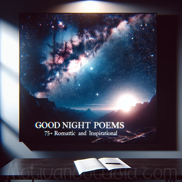 Portada del artículo 'Poemas de Buenas Noches: 75+ Versos Románticos e Inspiradores' con fondo nocturno y estrellas.