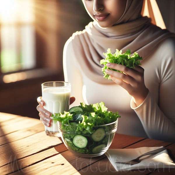 Persona consumiendo alimentos ricos en calcio, como lácteos y vegetales verdes.