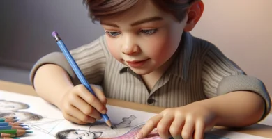 Ilustración de un niño dibujando en papel mostrando ejercicios de grafomotricidad.