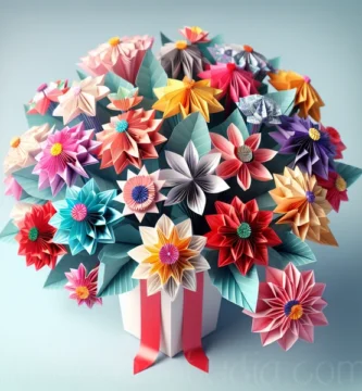 Ramo de flores de origami coloridas con diferentes diseños y patrones