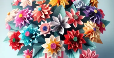 Ramo de flores de origami coloridas con diferentes diseños y patrones