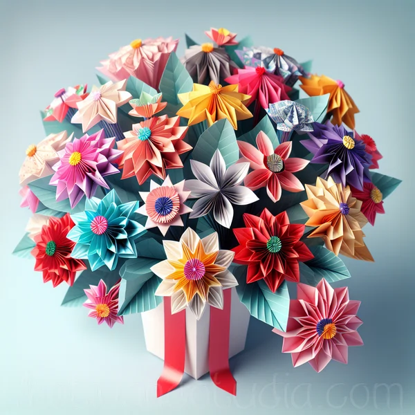 Ramo de flores de origami coloridas con diferentes diseños y patrones