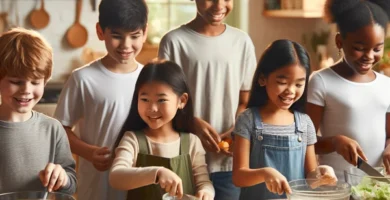 Niños preparando platos sencillos en la cocina.