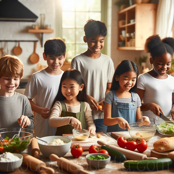 Niños preparando platos sencillos en la cocina.