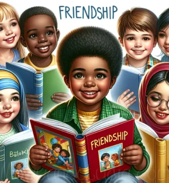 Ilustración colorida de niños sonrientes leyendo y compartiendo libros con refranes sobre la amistad.