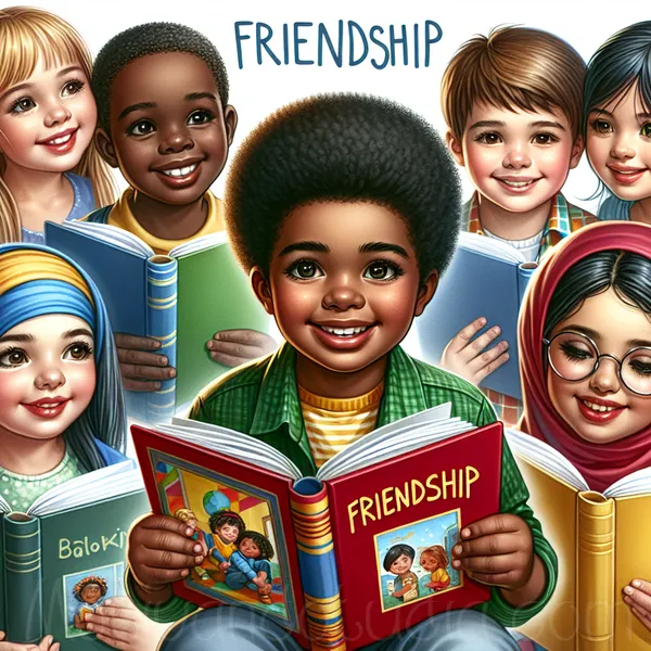 Ilustración colorida de niños sonrientes leyendo y compartiendo libros con refranes sobre la amistad.