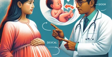 Ilustración que muestra a una madre embarazada y un médico