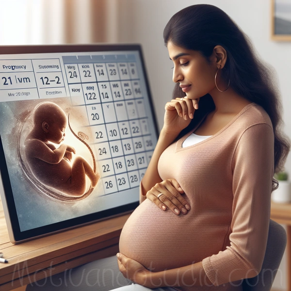 Mujer embarazada de 22 semanas acariciando su vientre mientras contempla una imagen de un calendario