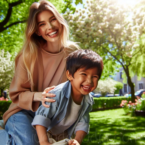 Imagen de una mujer joven sonriendo mientras juega con su sobrino en el parque.